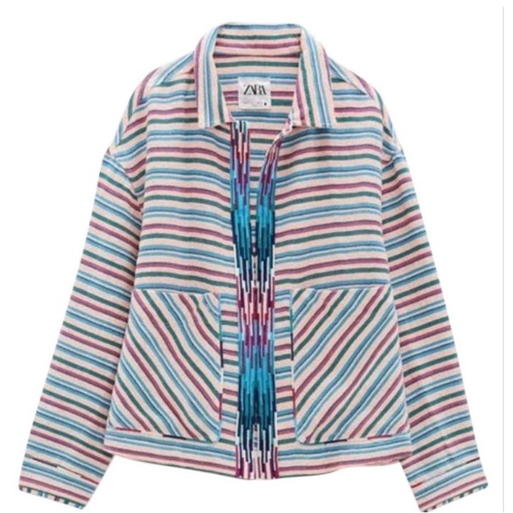 Zara Multicolor Textured Weave Jacket Striped Boho Large Blazer - Picture 12 of 12